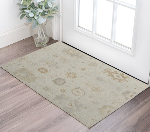2' X 3' Tan and Gray Wool Floral Hand Knotted Area Rug