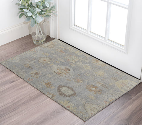 2' X 3' Gray and Blue Wool Floral Hand Knotted Area Rug
