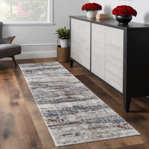 8' Gray Blue and Ivory Abstract Power Loom Runner Rug