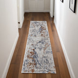 8' Ivory Blue and Brown Abstract Power Loom Runner Rug