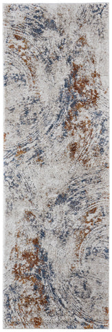 8' Ivory Blue and Brown Abstract Power Loom Runner Rug