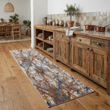 8' Ivory Blue and Brown Abstract Power Loom Runner Rug