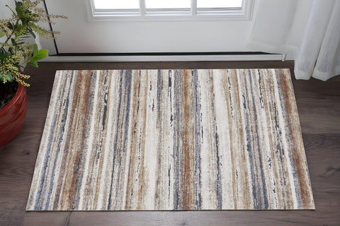 2' X 3' Ivory Blue and Brown Striped Power Loom Area Rug