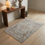 3' X 5' Blue Tan And Red Oriental Distressed Area Rug With Fringe