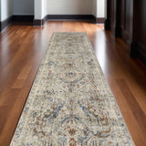 10' Red Tan and Blue Oriental Power Loom Worn Faded Runner Rug With Fringe