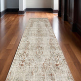 12' Ivory Gray and Brown Abstract Power Loom Worn Faded Runner Rug With Fringe