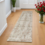 8' Gray Ivory And Burnt Orange Oriental Distressed Runner Rug With Fringe