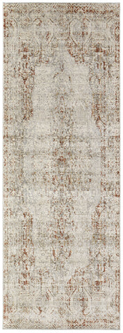 8' Gray Ivory And Burnt Orange Oriental Distressed Runner Rug With Fringe