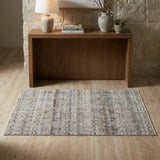3' X 5' Gray Ivory and Blue Abstract Power Loom Worn Faded Area Rug With Fringe