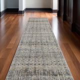 10' Gray Ivory and Blue Abstract Power Loom Worn Faded Runner Rug With Fringe