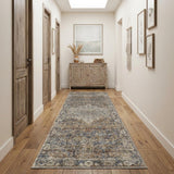 10' Tan Blue and Brown Oriental Power Loom Runner Rug With Fringe