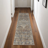 8' Tan Blue and Brown Oriental Power Loom Runner Rug With Fringe