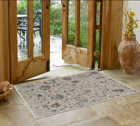 3' X 5' Ivory Blue And Burnt Orange Floral Distressed Area Rug With Fringe
