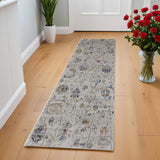 8' Blue Gray and Brown Floral Power Loom Worn Faded Runner Rug With Fringe