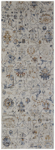 8' Blue Gray and Brown Floral Power Loom Worn Faded Runner Rug With Fringe
