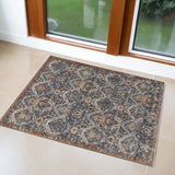 3' X 5' Ivory Blue And Burnt Orange Floral Area Rug With Fringe