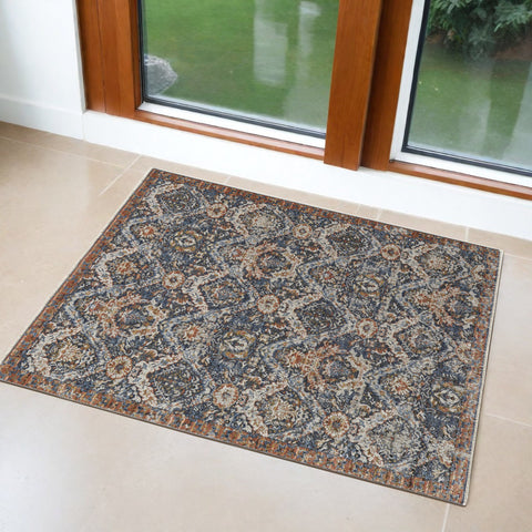 3' X 5' Ivory Blue And Burnt Orange Floral Area Rug With Fringe