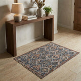 3' X 5' Ivory Blue And Burnt Orange Floral Area Rug With Fringe