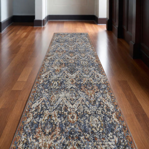10' Ivory Blue and Brown Floral Power Loom Runner Rug With Fringe