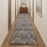10' Ivory Blue And Burnt Orange Floral Runner Rug With Fringe