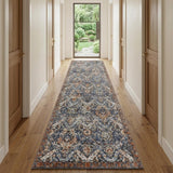 12' Ivory Blue And Burnt Orange Floral Runner Rug With Fringe