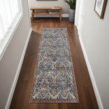 8' Ivory Blue And Burnt Orange Floral Runner Rug With Fringe