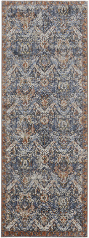 8' Ivory Blue And Burnt Orange Floral Runner Rug With Fringe