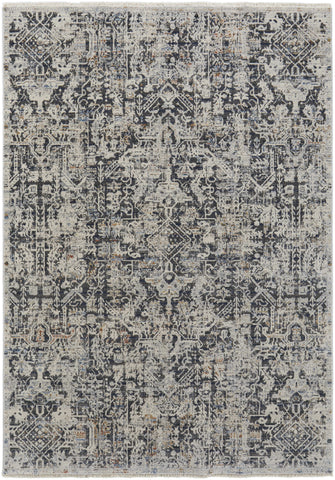 3' X 5' Ivory and Gray Abstract Power Loom Worn Faded Area Rug With Fringe