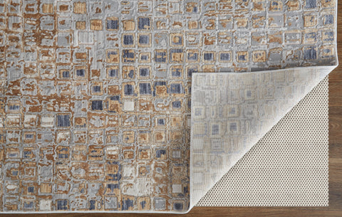 3' X 5' Tan Ivory and Blue Geometric Power Loom Worn Faded Area Rug