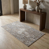 3' X 5' Tan Ivory and Blue Geometric Power Loom Worn Faded Area Rug