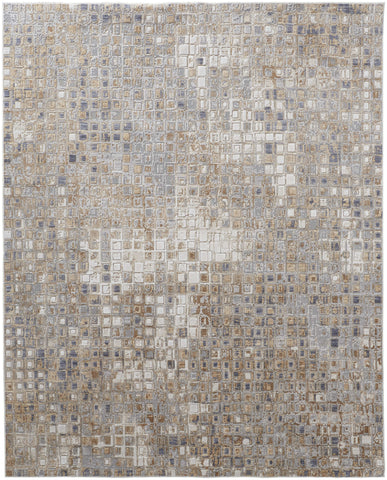 3' X 5' Tan Ivory and Blue Geometric Power Loom Worn Faded Area Rug