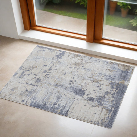 3' X 5' Ivory Gray And Blue Abstract Distressed Area Rug