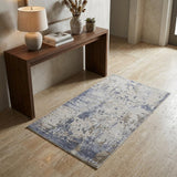 3' X 5' Ivory Gray And Blue Abstract Distressed Area Rug