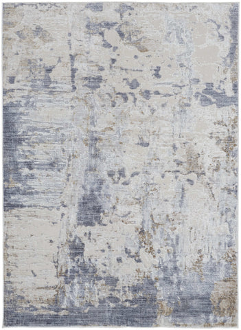 5' X 8' Ivory Gray and Blue Abstract Power Loom Worn Faded Area Rug