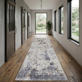10' Ivory Gray and Blue Abstract Power Loom Worn Faded Runner Rug