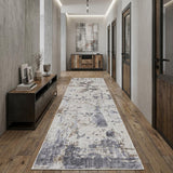 12' Ivory Gray and Blue Abstract Power Loom Worn Faded Runner Rug