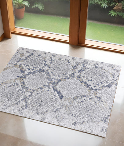 3' X 5' Gray Silver And Blue Geometric Area Rug