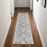 8' Gray Silver And Blue Geometric Runner Rug