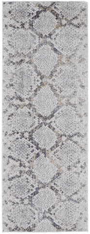 8' Gray Silver And Blue Geometric Runner Rug