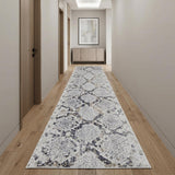 12' Gray Silver And Blue Geometric Runner Rug