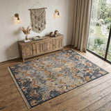 4' X 6' Blue Gray and Brown Wool Ikat Hand Knotted Area Rug With Fringe