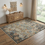 4' X 6' Blue Gray and Brown Wool Ikat Hand Knotted Area Rug With Fringe