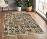 4' X 6' Ivory Blue and Brown Wool Ikat Hand Knotted Area Rug With Fringe