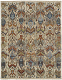 4' X 6' Ivory Blue and Brown Wool Ikat Hand Knotted Area Rug With Fringe