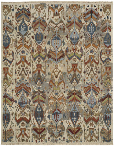 4' X 6' Ivory Blue and Brown Wool Ikat Hand Knotted Area Rug With Fringe