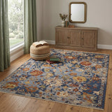 4' X 6' Blue Gray and Red Wool Floral Hand Knotted Area Rug With Fringe