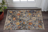 2' X 3' Blue Gray and Red Wool Floral Hand Knotted Area Rug With Fringe