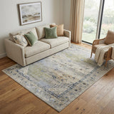 5' X 8' Ivory Green and Blue Abstract Power Loom Worn Faded Area Rug