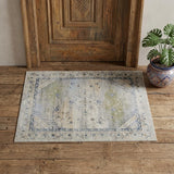 2' X 3' Ivory Green and Blue Abstract Power Loom Worn Faded Area Rug