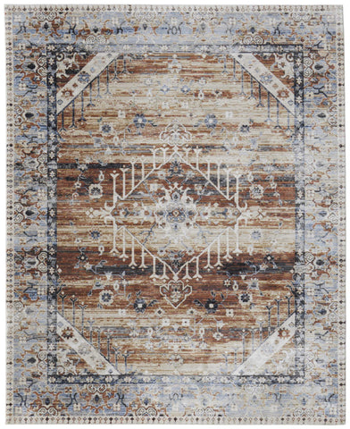 8' X 10' Taupe And Teal Blue Geometric Washable Indoor Outdoor Area Rug